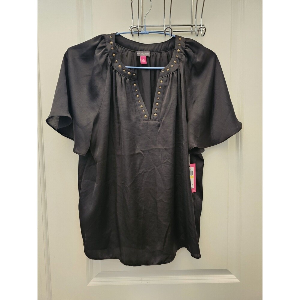 NWT Vince Camuto Blouse M Black Gold Studded V-Neck Flutter Sleeve Top New